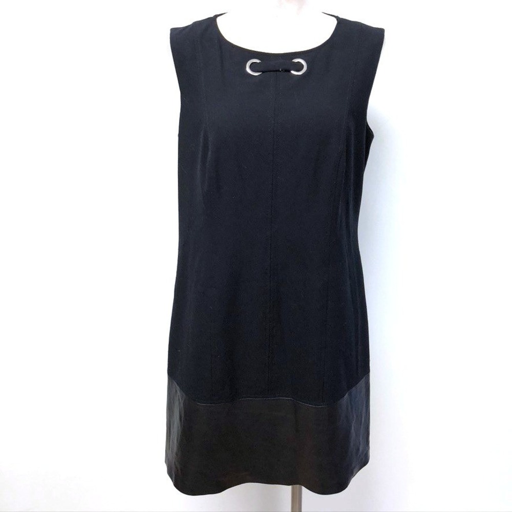 Basler Shift Dress Womens 10 US 14 GB Black Sleeveless Faux Leather Trim Grommet